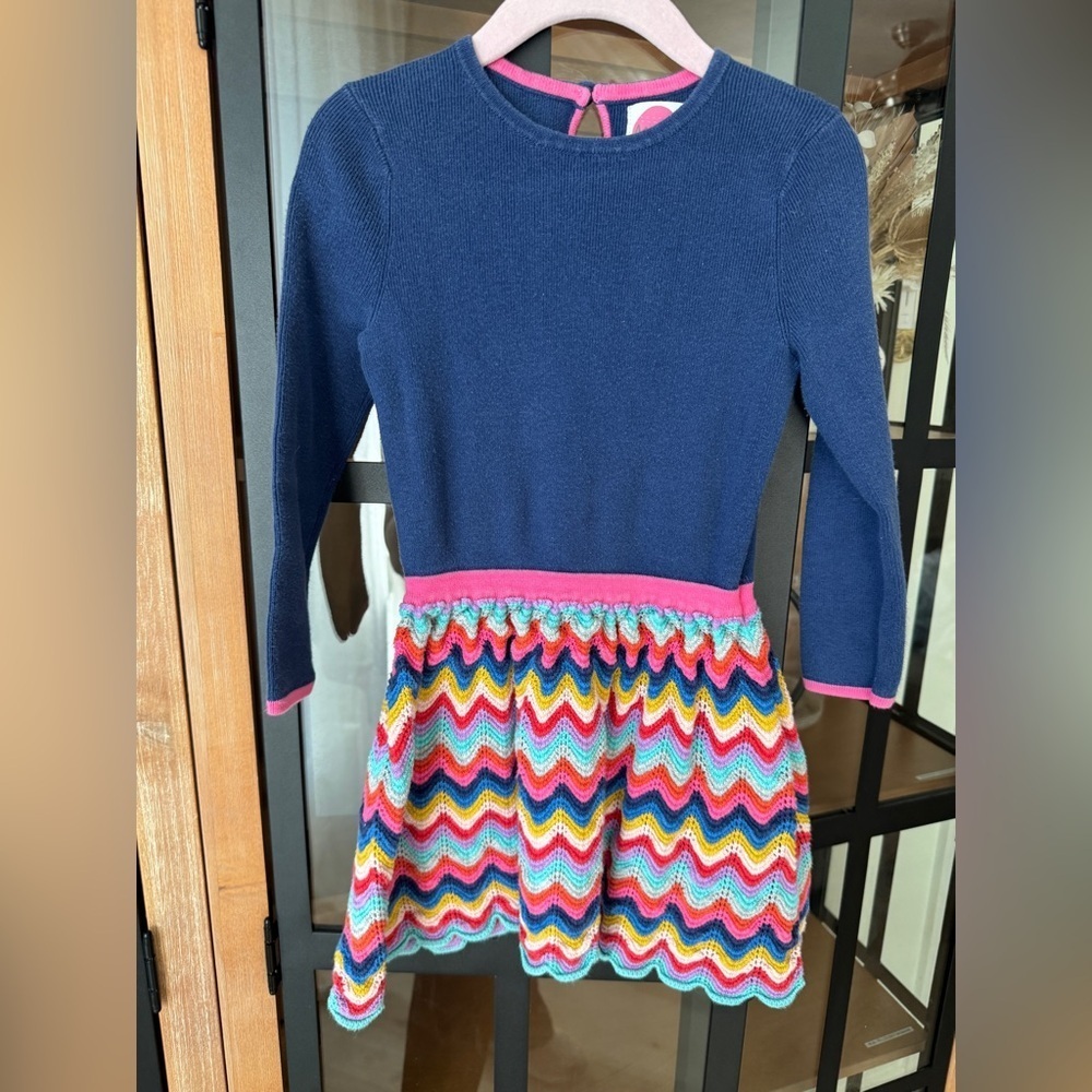 Mini Boden crochet navy sweater dress knit rainbow colorful chevron toddler girl